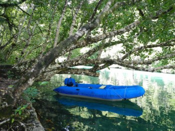 Dinghy secured to an overhanging tree.  Havent seen any crocs yet, but we stay very aware near mangroves!